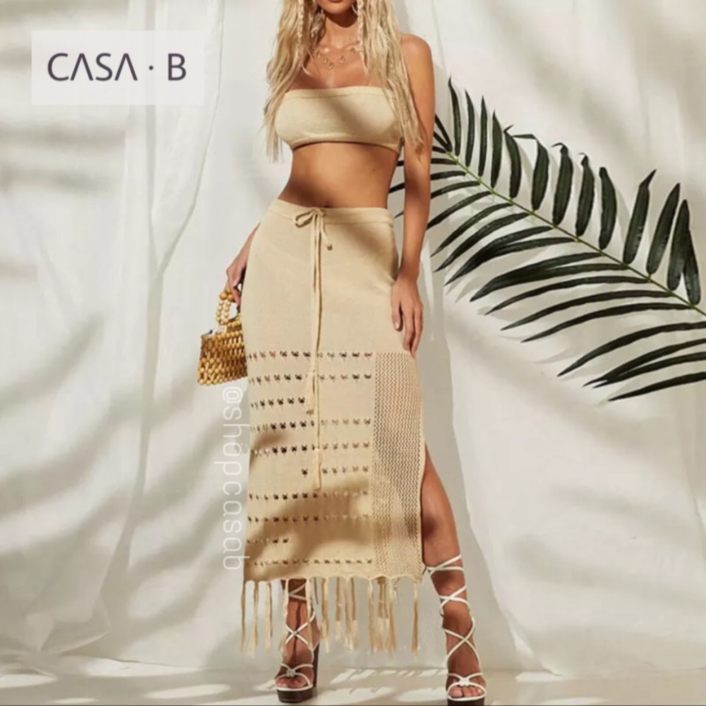 NEW 💫CASA B | ST. LUCIA Midi Knit Fringe Skirt Set in Sand - Picture 5 of 11